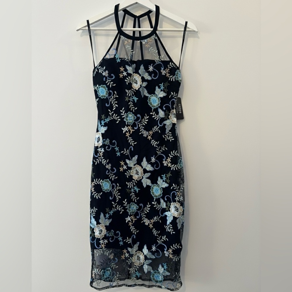 NWT Guess Black Mini Dress with Blue and White Embroidered Floral Design Size 0 - Picture 2 of 6